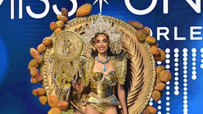 Alejandra Guajardo, Miss Universe El Salvador 2022, in an outfit inspired by the country's use of Bitcoin, and previously the cocoa beans as a currency, during the 71st Miss Universe competition on January 11, 2023. Reuters