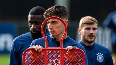 Germany's Antonio Rudiger, Kai Havertz and Timo Werner at training ahead of their World Cup qualifier against Romania. AFP