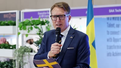 Fredrik Floren, Sweden's ambassador to the UAE, at the Tawdheef x Zaheb jobs fair in Abu Dhabi. Chris Whiteoak / The National