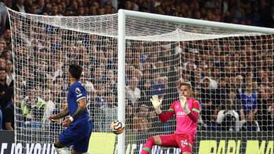 Luton Town goalkeeper Thomas Kaminski saves from Chelsea's Enzo Fernandez. AFP