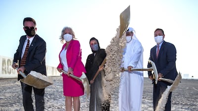Groundbreaking Ceremony of ACS at Saadiyat Island. Right to left: Matt Ayoub, ACS Alumni; Khaldoon Al Mubarak, ACS Alumni; Sara Awad Issa Musallam, chairwoman of ADEK; Monique Flickinger, ACS Superintendent; and Sean Murphy, Charge d'Affaires at the US Embassy in Abu Dhabi. Victor Besa/The National.
