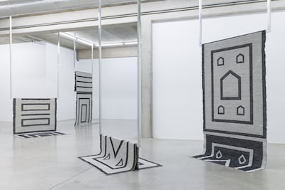 A textile installation from Kristina Benjocki’s Tableaux VI-VII, La composition is listed among the works for Sharjah Biennial 17. Photo: Lola Pertsowsky
