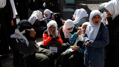 Girls at a public school on December 7. Mona Relief Yemen has distributed school bags to encourage girls to keep attending classes. The number of out-of-school children is estimated more than 2 million. EPA