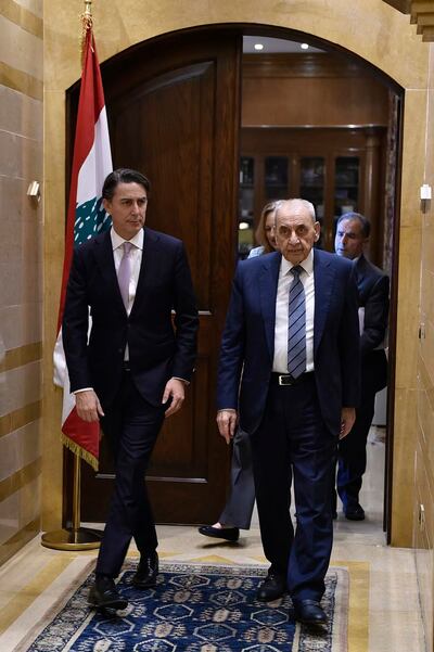 US envoy Amos Hochstein with Lebanese Parliament Speaker Nabih Berri after their meeting in Beirut.