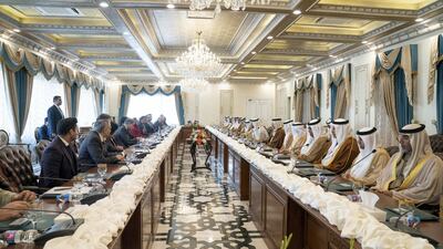ISLAMABAD, PAKISTAN - January 06, 2019: HH Sheikh Mohamed bin Zayed Al Nahyan, Crown Prince of Abu Dhabi and Deputy Supreme Commander of the UAE Armed Forces, meets with HE Imran Khan, Prime Minister of Pakistan, at the Prime Minister's residence. ( Mohammed Al Hammadi / Ministry of Presidential Affairs ) ---