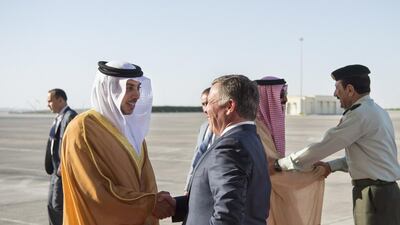 King Abdullah II of Jordan, greets Sheikh Mansour bin Zayed, Deputy Prime Minister and Minister of Presidential Affairs, upon arriving at the Presidential Airport. Rashed Al Mansoori / Crown Prince Court - Abu Dhabi
