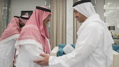 Sheikh Abdullah bin Zayed, Minister of Foreign Affairs and International Cooperation, right, greets Prince Mohamed bin Nayef bin Abdulaziz Al Saud, Crown Prince, Deputy Prime Minister, and Minister of Interior of Saudi Arabia, left. Mohamed Al Hammadi / Crown Prince Court - Abu Dhabi