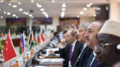 Turkish Foreign Minister Mevlut Cavusoglu (second right) attends an emergency ministerial meeting of the Organisation of Islamic Cooperation (OIC) in Jeddah. AFP
