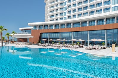 The newly opened Hampton by Hilton Marjan Island in Ras Al Khaimah has a large infinity pool overlooking the Arabian Gulf. Hilton