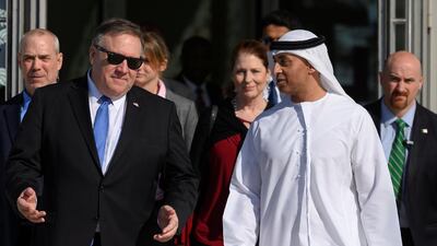 Mike Pompeo speaks with Emirati Ambassador to the US Yousef Al Otaiba at the NYU Abu Dhabi campus. Reuters