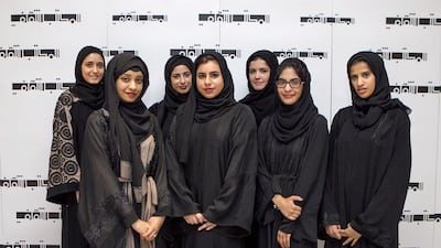 Left to right, Aysha Alkhoori, Ameena Al Jarman, Lamya Alshamsi, Mitha Altamimi, Amna Bin Thaneya, Marieh Sharaf and Mariam Albinali will all travel to Hong Kong. Mona Al-Marzooqi / The National