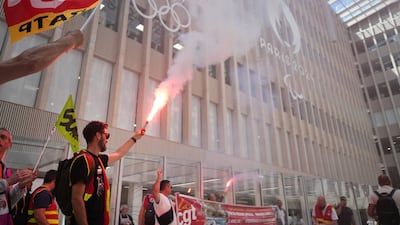 Members of the CGT union protest at the Paris 2024 Olympic Games offices. Getty Images