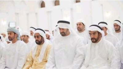 Sheikh Mohammed, Crown Prince of Abu Dhabi, Sheikh Hamdan, Deputy Prime Minister, Sheikh Tahnoon bin Mohammed, the Ruler’s Representative in the Eastern Region, and Sheikh Saif bin Mohammed offer prayers in Al Ain for Sheikha Maitha bint Mohammed bin Khalifa Al Nahyan, an aunt of the President, Sheikh Khalifa. Sheikha Maitha passed away yesterday morning.