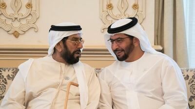 Sheikh Tahnoon bin Mohamed Al Nahyan, Ruler's Representative in Al Ain Region, left and Sheikh Hamdan bin Zayed Al Nahyan, Ruler’s Representative in Al Dhafra Region, right, attend a Sea Palace barza. Rashed Al Mansoori / Crown Prince Court - Abu Dhabi