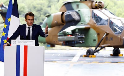 Emmanuel Macron delivers a speech on defence strategy on the amphibious helicopter carrier 'Dixmude' docked at the French Navy base in Toulon. AFP