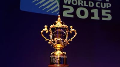 The Webb Ellis trophy is displayed ahead of the Rugby World Cup 2015 pool draw.