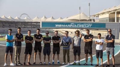 Cyclists of the Abu Dhabi Tour 2015, Fabio Aru of Astana, Xu Gang of Lampre, Philippe Gilbert of BMC, Tom Dumoulin of Giant Alpecin, Alejandro Valverde of Movistar, Elia Vivani of Sky, Official Abu Dhabi Tour Ambassador Mark Cavendish, Peter Sagan of Tinkoff-Saxo, Marcel Kittel of Giant-Alpecin, Esteban Chavez of Orica GreenEdge and Tom Boonen of Etixx-Quick Step pose for a photograph at Yas Marina Circuit. Angelo Carconi / EPA