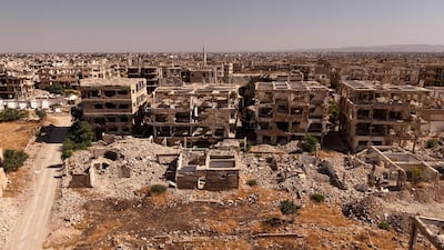 An aerial view of the largely abandoned and destroyed Jobar neighbourhood. Ahmad Fallaha / The National