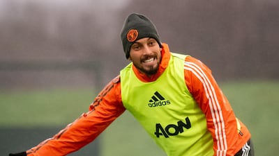 Alex Telles trains for Manchester United's League Cup clash. Getty