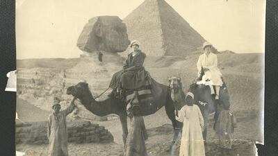 Two women riding camels at the Pyramids of Giza, circa 1920-1925. Copyright Collège de la Sainte Famille. All photos courtesy of the Akkasah Center for Photography at NYU Abu Dhabi