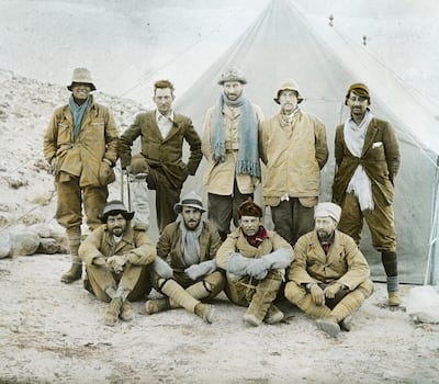 A photo of members of the 1924 Mount Everest Expedition at camp at Tibet, China. Back row, from left to right, Andrew Irvine, George Mallory, Edward Norton, Noel Odell and John MacDonald; front row, from left to right, Edward Shebbeare, Geoffrey Bruce, Howard Somervell and Bentley Beetham. Getty