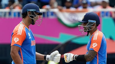India's Shivam Dube, left, finished unbeaten on 31 after a vital 67-run partnership with Suryakumar Yadav. AFP