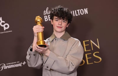 British actor Owen Cooper with his award Best Supporting Actor – Television for Adolescence. AFP
