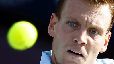 Tomas Berdych shown in action against Jeremy Chardy on Tuesday at the ATP Dubai Duty Free Tennis Championships. Ali Haider / EPA