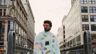 Singh embraced pastel hues in Manish Arora in Berlin this February, with a patched, fluffy jacket and boot-cut lavender trousers. Instagram / Ranveer Singh