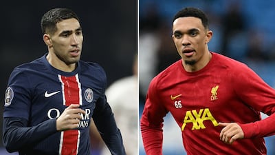 Achraf Hakimi of PSG, left, and Liverpool's Trent Alexander-Arnold. Photos: EPA / AFP