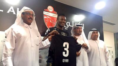 Ghanaian footballer Asamoah Gyan is introduced at Al Ahli on Sunday. John McAuley / The National
