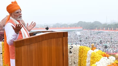 Indian Prime Minister Narendra Modi addresses the nation from the Red Fort in New Delhi, as the country marks its 79th Independence Day. EPA