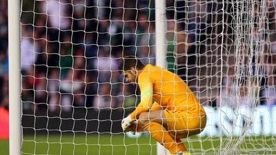 Celtic's goalkeeper Fraser Forster shows his dejection during their Uefa Champions League qualifying match at Murrayfield Stadium in Edinburgh. Robert Perry / EPA