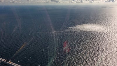 The Nord Stream 2 gas leak as seen from a Danish military plane over the Baltic Sea. EPA