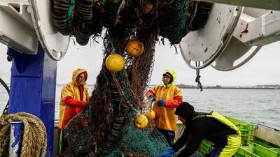 French fishermen bring in a net near the port of Saint Helier, on the British island of Jersey, in May. Photo: AFP