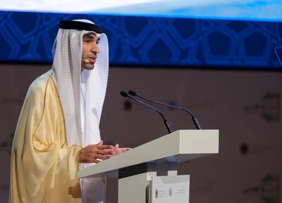 Dr Thani bin Ahmed Al Zeyoudi, Minister of Climate Change and Environment speaks at the Abu Dhabi Climate Meeting. Victor Besa/The National