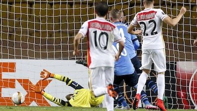 Monaco's Stephan El Shaarawy scores the equaliser past Spurs keeper Hugo Lloris on Thursday night in a 1-1 Europa League draw. Eric Gaillard / Reuters