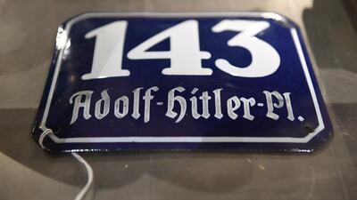 A street sign reading "Adolf-Hitler-Platz" in a cupboard at the auction house Hermann Historica. Reuters