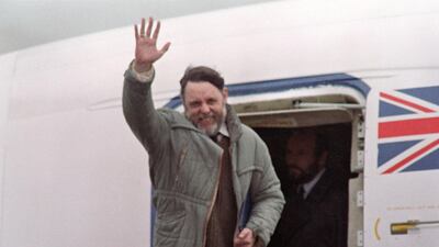 Last of the captured British hostages Terry Waite waves at his arrival in Lyneham, on November 19, 1991, following their release in Lebanon. Iran resorted to hostage-taking during the latter stages of the Lebanese civil war in the 1980s, when scores of foreign nationals, including British hostages John McCarthy and Terry Waite, were seized as part of Tehran’s campaign to end Western intervention in the conflict. AFP