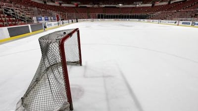 A goal sits unattended at the Joe Louis Arena in Detroit as the NHL lockout continues.