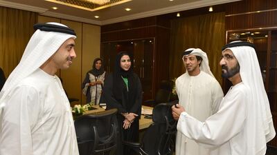 Sheikh Mohammed bin Rashid, Vice President and Ruler of Dubai attends the first meeting of the UAE Gender Balance Council with Sheikh Mansour bin Zayed, Minister of Presidential Affairs and Deputy Prime Minister, Sheikh Abdullah bin Zayed, Minister of Foreign Affairs and Sheikha Manal bint Mohammed bin Rashid Al Maktoum, wife of Sheikh Mansour. WAM
