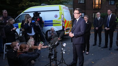 Mr Burnham speaks to the media as he visits Heaton Park Hebrew Congregation Synagogue, after a stabbing and car attack took place on Yom Kippur in October 2025
