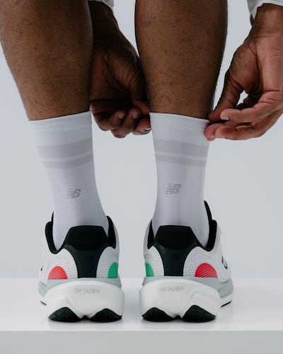 The UAE-only 1080v15 shoe features pops of red and green flanking the heel. Photo: New Balance