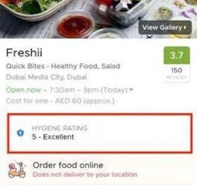 A screenshot showing the Zomato Hygiene Rating. Courtesy Zomato