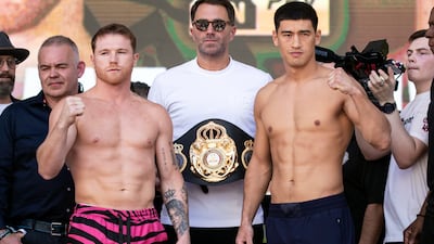 Saul "Canelo" Alvarez of Mexico (L) and Dmitry Bivol of Russia pose following their weigh-in prior to their WBA light heavyweight fight in Las Vegas, Nevada, 06 May 2022. The WBA light heavyweight championship title fight opposing Saul 'Canelo' Alvarez of Mexico and Dmitry Bivol of Russia is scheduled on 07 May 2022, at the T-Mobile Arena in Las Vegas. EPA / ETIENNE LAURENT