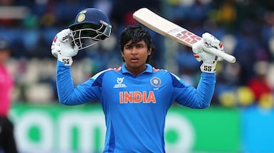 India opener Vaibhav Suryavanshi celebrates his century during the U19 World Cup final against England at the Harare Sports Club in Zimbabwe. Getty Images