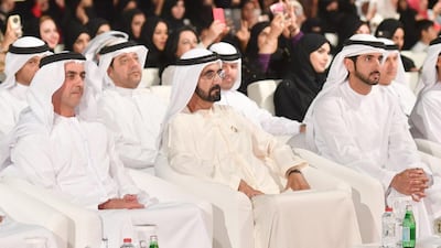 Sheikh Mohammed bin Rashid, Vice President and Ruler of Dubai, Sheikh Saif bin Zayed, Deputy Prime Minister and Minister of Interior, and Sheikh Hamdan bin Mohammed, Crown Prince of Dubai, attend the Hathi Bilaadi Operetta in Dubai on Wednesday. Wam