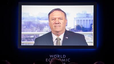 Mike Pompeo, US Secretary of State, speaks via video transmission in Davos. EPA