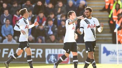 Nacer Chadli, right, of Tottenham Hotspur celebrates scoring his team's first goal on Saturday in the FA Cup win over Colchester. Michael Regan / Getty Images / January 30, 2016