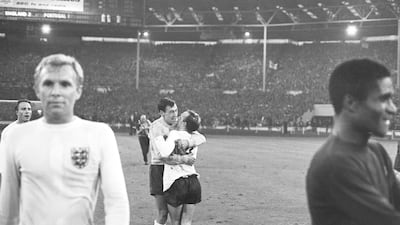 Nobby Stiles and Gordon Banks celebrating England's 2-1 victory over Portugal in the 1966 World Cup semi final. Getty Images
